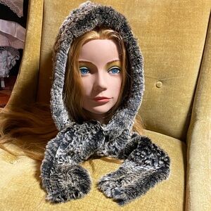Real rabbit double sided hood with long ties, one size fits all